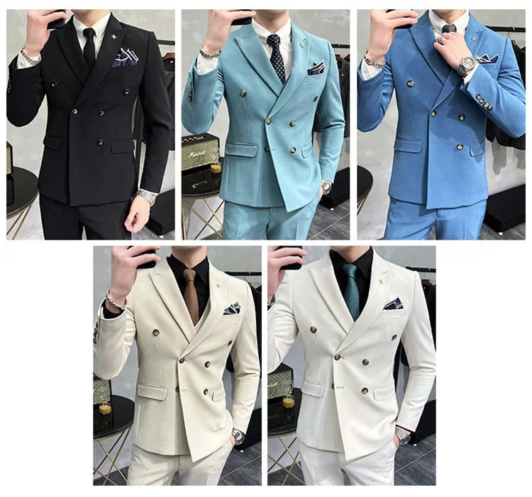 ( Jacket + Pants ) Brand Solid Color Formal Casual Business Office Double Buttons Suit Two-pcs Set Groom Wedding Dress Party