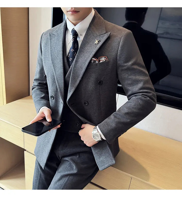 (Jacket+Vest+Pant) Autumn Winter Thickened Woolen Suit  New High Quality Slim Business Tuxedo Fashion Wedding Social Suits