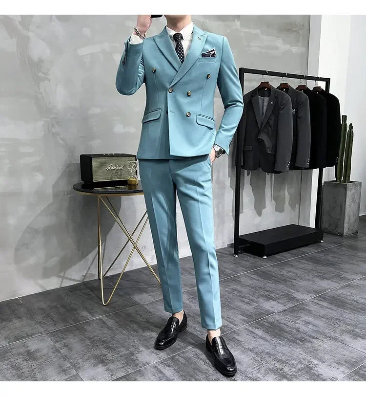 ( Jacket + Pants ) Brand Solid Color Formal Casual Business Office Double Buttons Suit Two-pcs Set Groom Wedding Dress Party