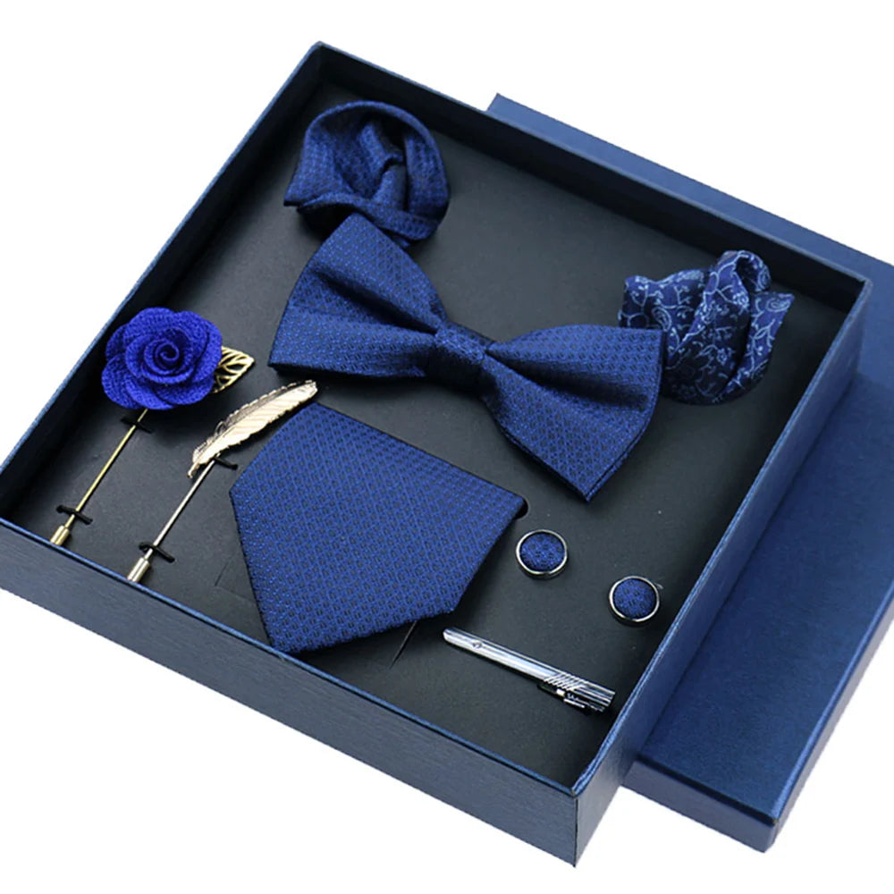 Set Bussiness Blue Ties For Mans Floral Brooches Pin Cufflinks Tie Clips Butterfly Bowtie Wedding Accessori Gift Box Set