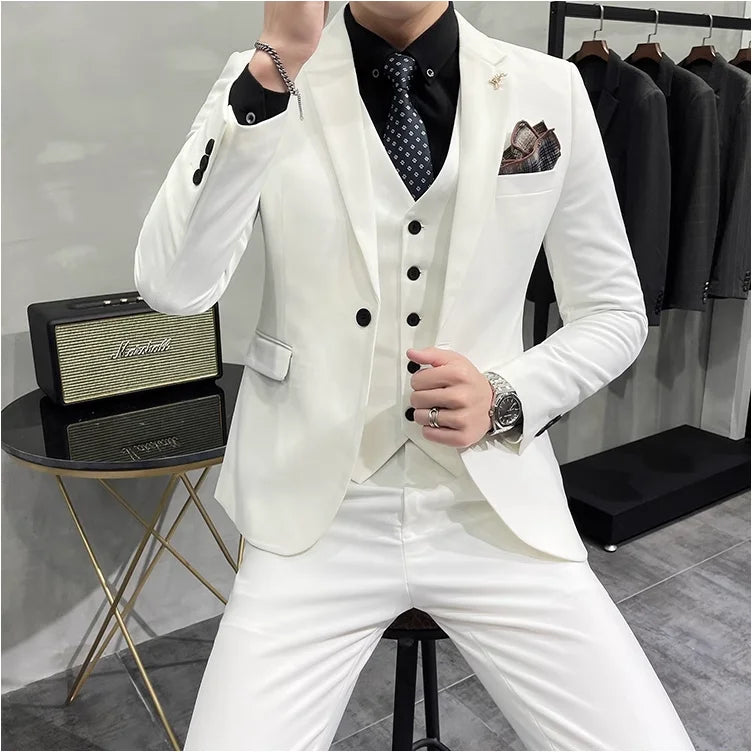 (Jacket +Vest+Pants) 2024 New Mens Wedding Suits Groom Solid Color Formal Office Business Slim Fit Suit Tuxedos 3-Pieces Set