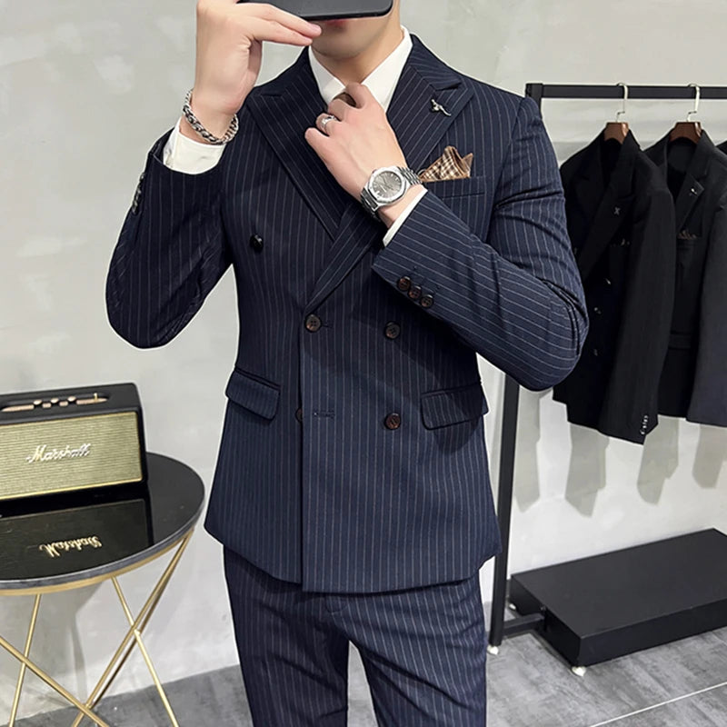 in black Fashion New Men's Boutique Business Slim Wedding Striped Double Breasted Suit Blazers Jacket Pants Trousers Vest 3 Pcs Set