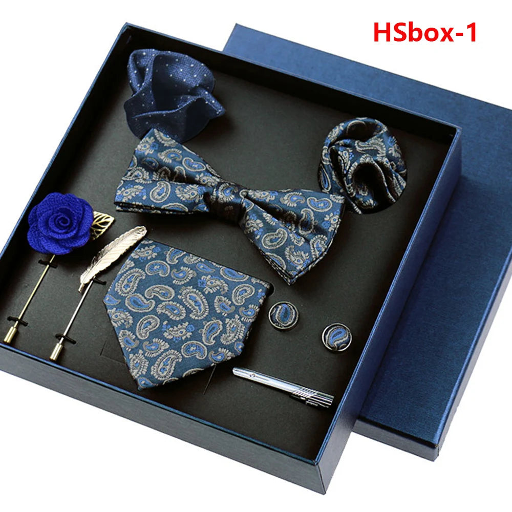 Set Bussiness Blue Ties For Mans Floral Brooches Pin Cufflinks Tie Clips Butterfly Bowtie Wedding Accessori Gift Box Set