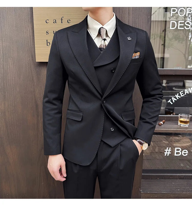 (Jackets+Pants+Vest) High Quality Men Slim Fit Party Tuxedos 3 Pieces Fashion Double Breasted Vest Design Wedding Social Suit