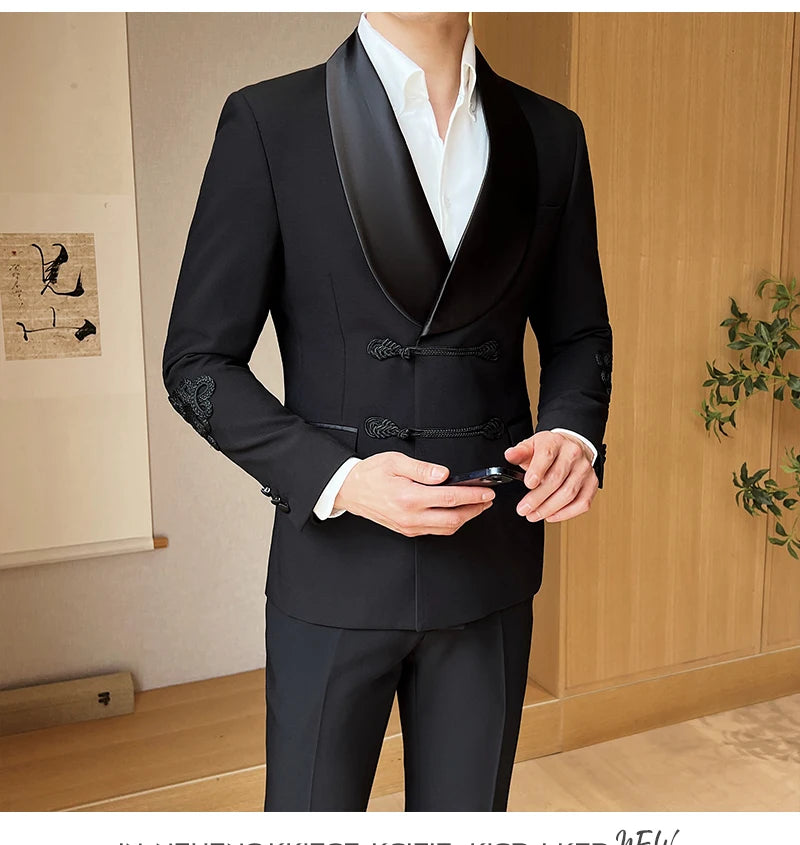 (Jacket+Pants) Vintage Luxury Chinese Style Marriage Suit Fashion High-end Slim Fit Groom Wedding Tuxedo Mens Suit 2 Piece Set