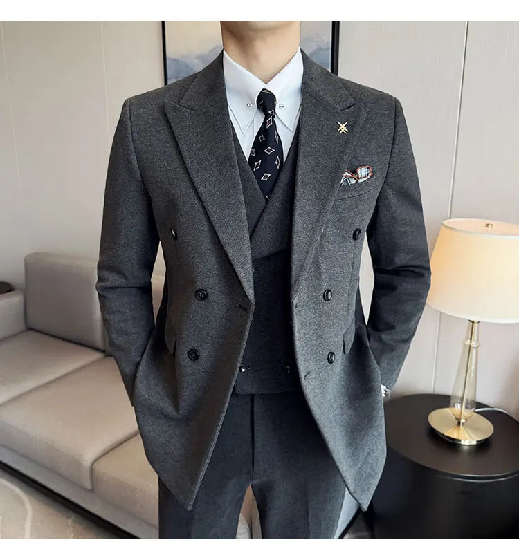 (Jacket+Vest+Pant) Autumn Winter Thickened Woolen Suit  New High Quality Slim Business Tuxedo Fashion Wedding Social Suits