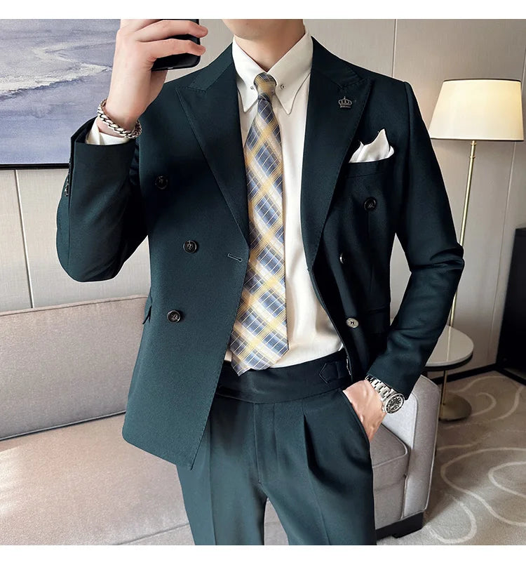 (Jackets+Pant) Latest Design Double Breasted Men Suit Dark green Groom Wedding Stage Tuxedo Man Slim Fit Business Social Suits