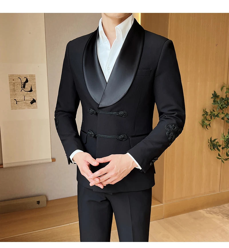 (Jacket+Pants) Vintage Luxury Chinese Style Marriage Suit Fashion High-end Slim Fit Groom Wedding Tuxedo Mens Suit 2 Piece Set