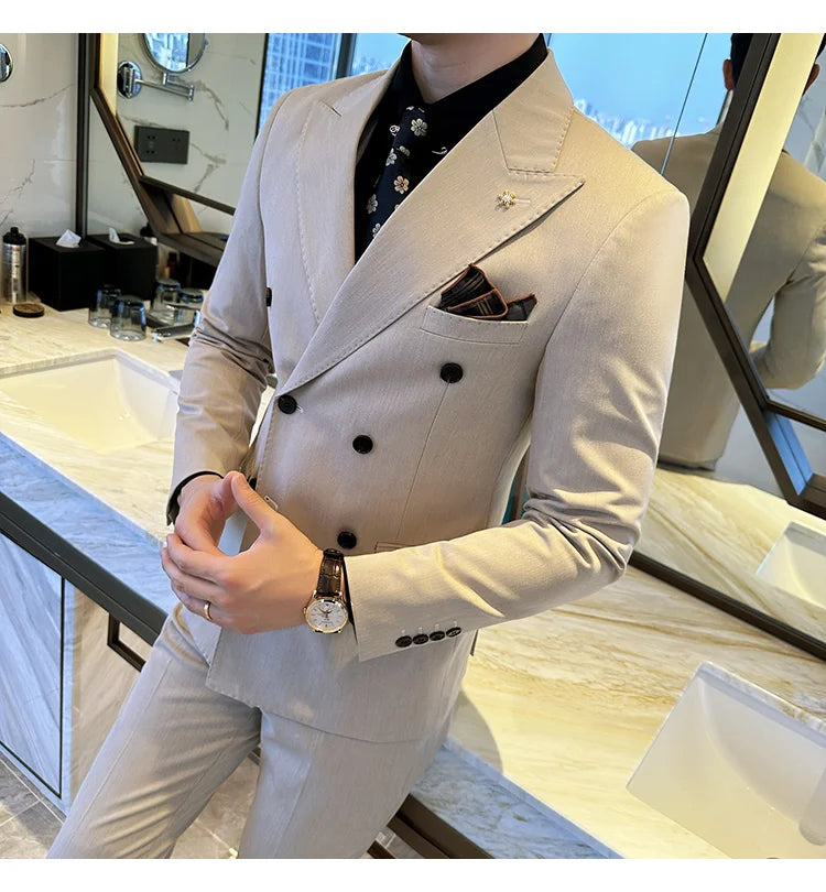 (Jacket + Trousers) Fashion Double Breasted Design Slim Men's Suit Italian Style Luxury Wedding Social Party Tuxedo 2 Piece Sets