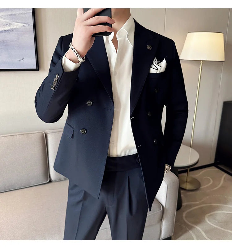 (Jackets+Pant) Latest Design Double Breasted Men Suit Dark green Groom Wedding Stage Tuxedo Man Slim Fit Business Social Suits