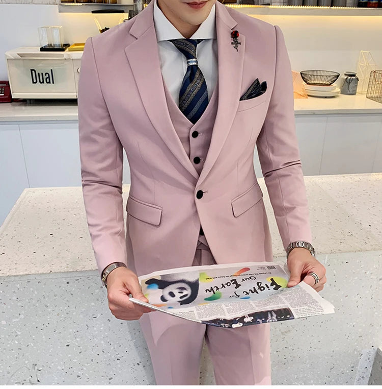 (Jacket +Vest+Pants) 2024 New Mens Wedding Suits Groom Solid Color Formal Office Business Slim Fit Suit Tuxedos 3-Pieces Set