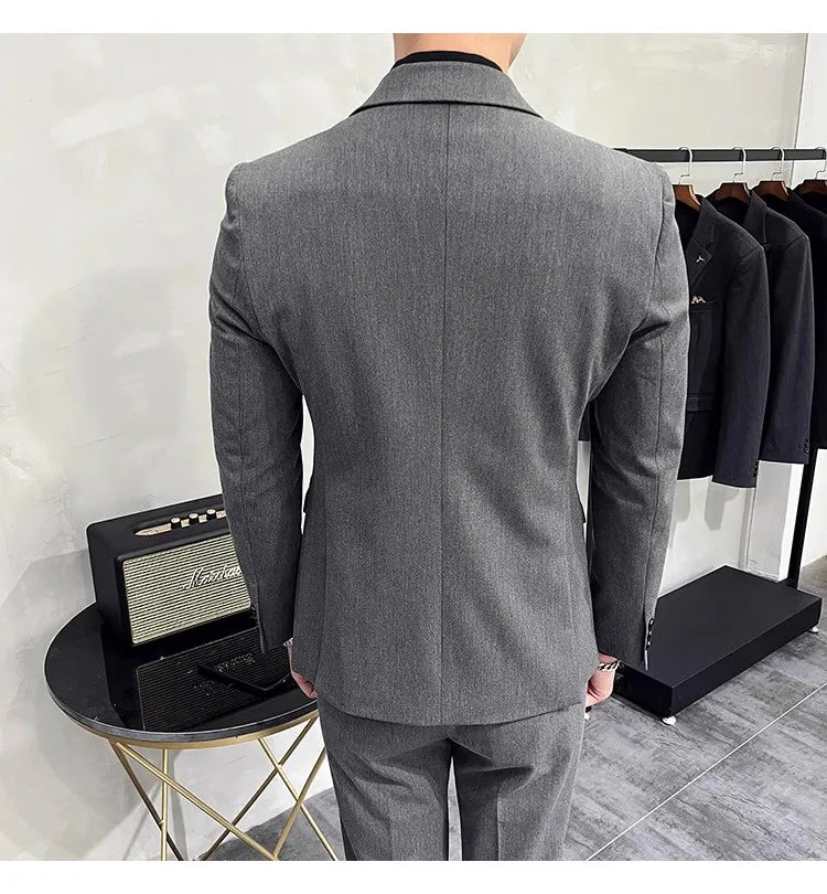 in black Fashion New Men's Boutique Business Slim Wedding Striped Double Breasted Suit Blazers Jacket Pants Trousers Vest 3 Pcs Set