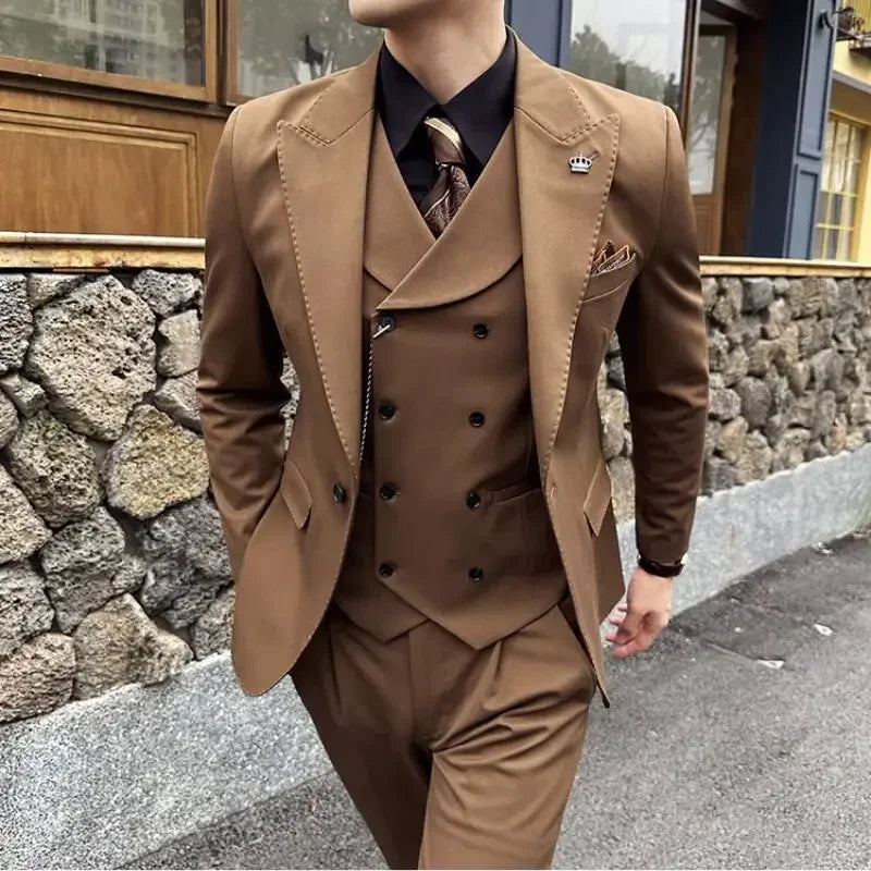 (Jackets+Pants+Vest) High Quality Men Slim Fit Party Tuxedos 3 Pieces Fashion Double Breasted Vest Design Wedding Social Suit