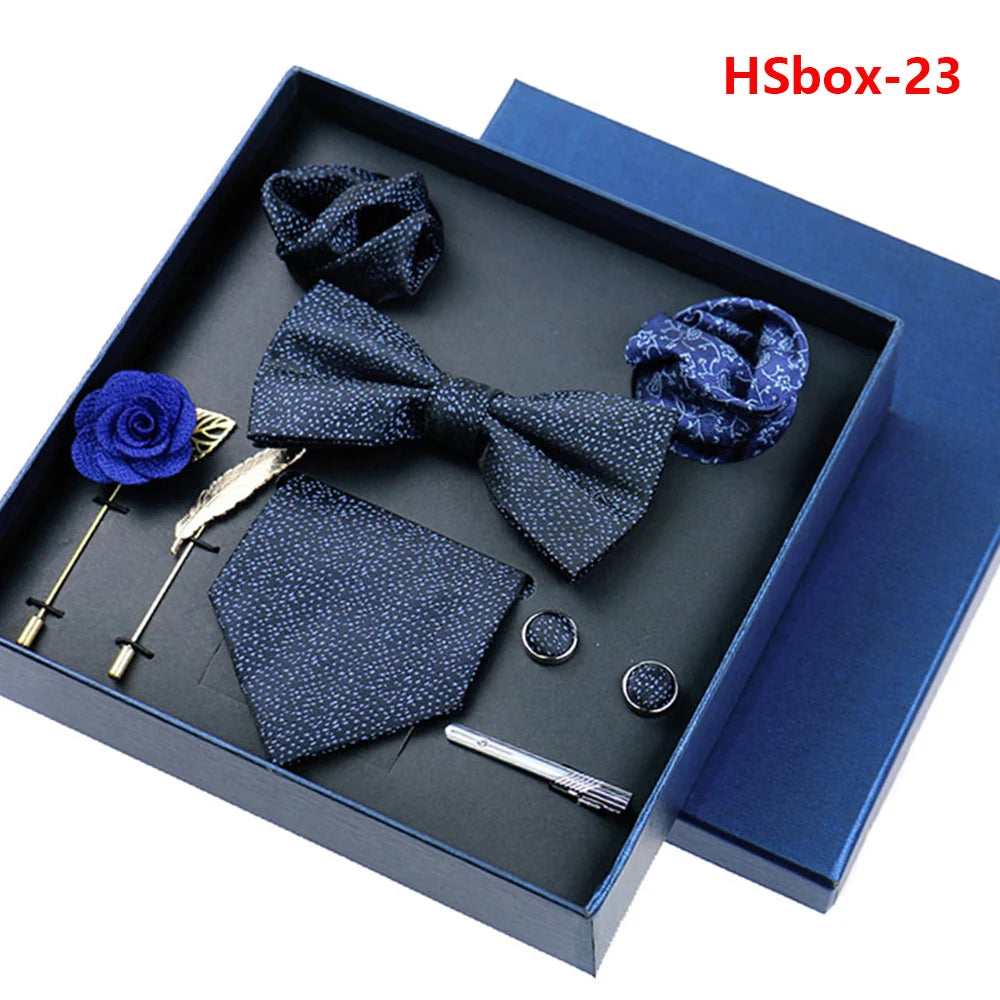 Set Bussiness Blue Ties For Mans Floral Brooches Pin Cufflinks Tie Clips Butterfly Bowtie Wedding Accessori Gift Box Set