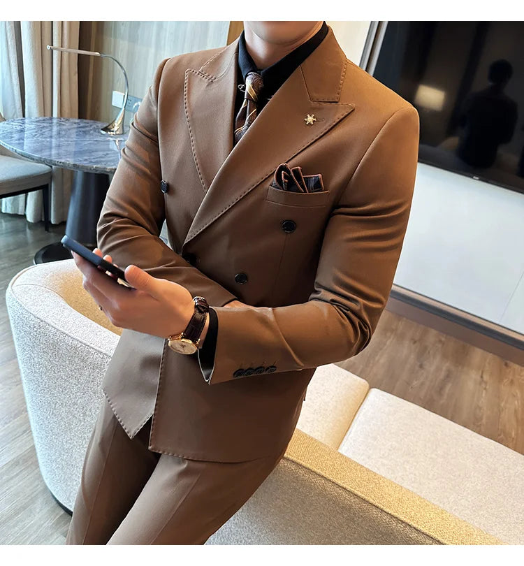 (Jacket + Trousers) Fashion Double Breasted Design Slim Men's Suit Italian Style Luxury Wedding Social Party Tuxedo 2 Piece Sets