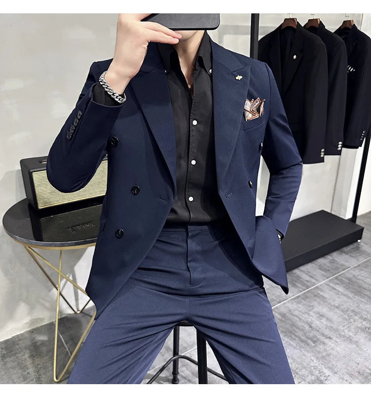 Men's Classic Double-breasted Suit Suit (suit+pants) 7XL-S Men's Luxury Fashion Wedding Banquet Social Suit Business Suit 2 Sets