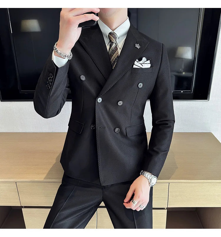 (Jackets+Pant) Latest Design Double Breasted Men Suit Dark green Groom Wedding Stage Tuxedo Man Slim Fit Business Social Suits