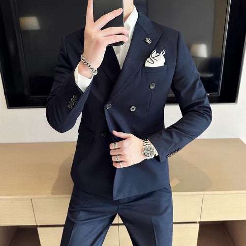 (Jackets+Pant) Latest Design Double Breasted Men Suit Dark green Groom Wedding Stage Tuxedo Man Slim Fit Business Social Suits