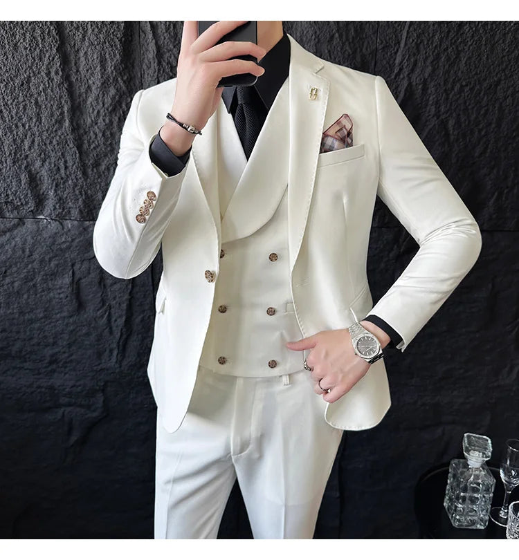 (Jackets+Pants+Vest) High Quality Men Slim Fit Party Tuxedos 3 Pieces Fashion Double Breasted Vest Design Business Wedding Suit