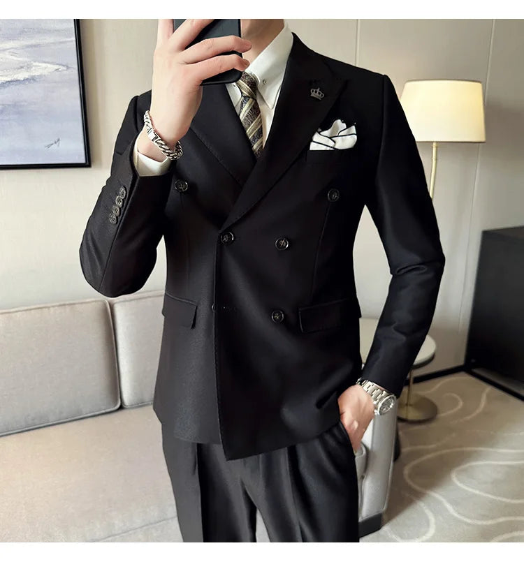 (Jackets+Pant) Latest Design Double Breasted Men Suit Dark green Groom Wedding Stage Tuxedo Man Slim Fit Business Social Suits