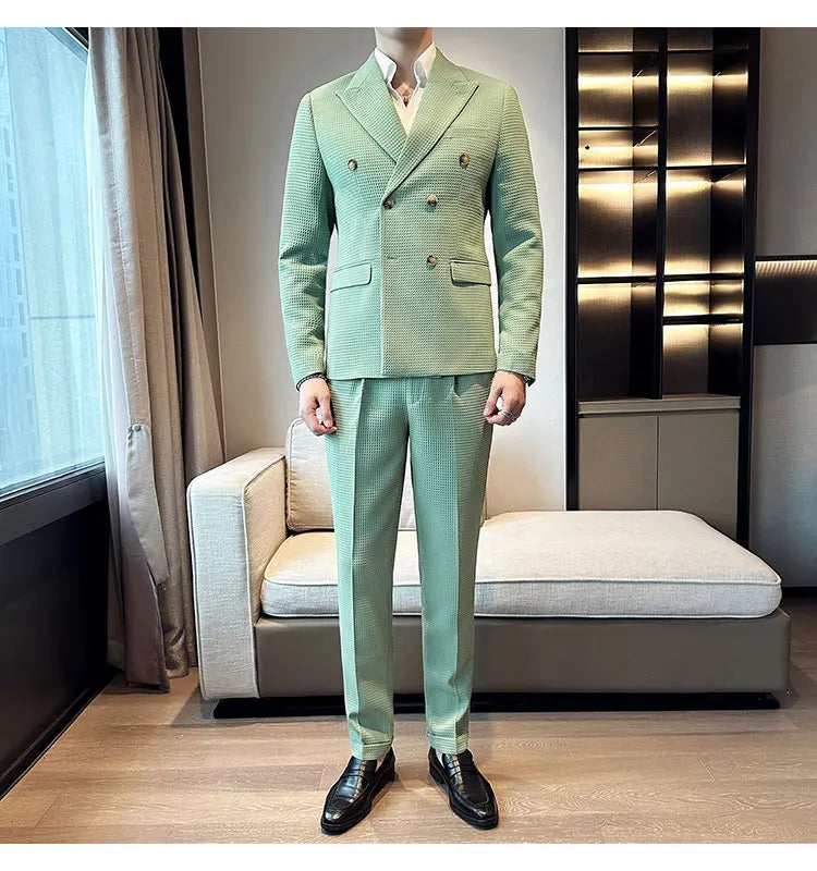 ( Jacket + Pant )Double-breasted Waffle Business Suit Men Wedding Prom Party Blazers and Trouser Homme Slim Fit Tuxedo Dress Set