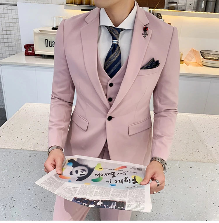 (Jacket +Vest+Pants) 2024 New Mens Wedding Suits Groom Solid Color Formal Office Business Slim Fit Suit Tuxedos 3-Pieces Set