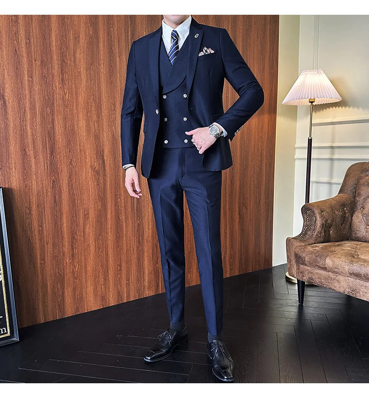 (Jackets+Pants+Vest) High Quality Men Slim Fit Party Tuxedos 3 Pieces Fashion Double Breasted Vest Design Business Wedding Suit