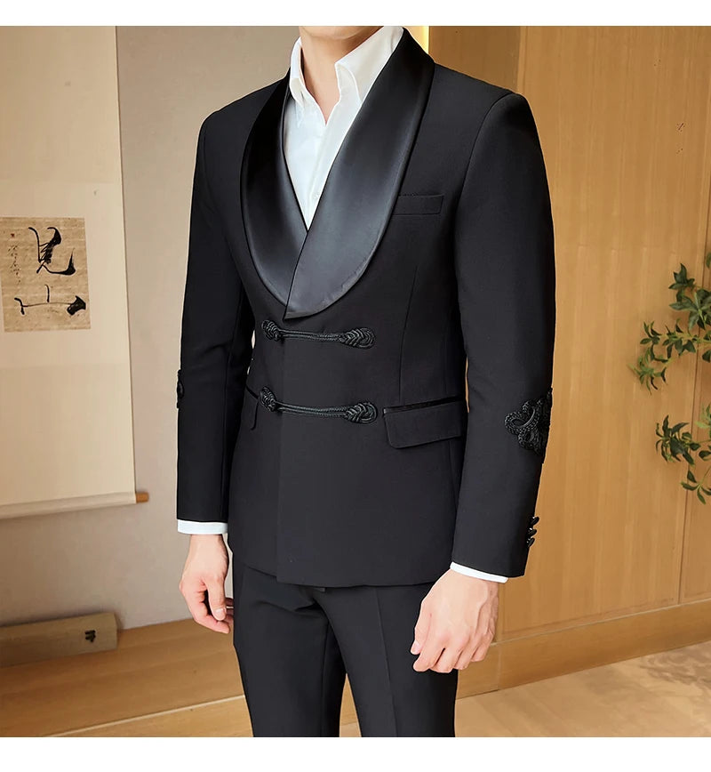 (Jacket+Pants) Vintage Luxury Chinese Style Marriage Suit Fashion High-end Slim Fit Groom Wedding Tuxedo Mens Suit 2 Piece Set