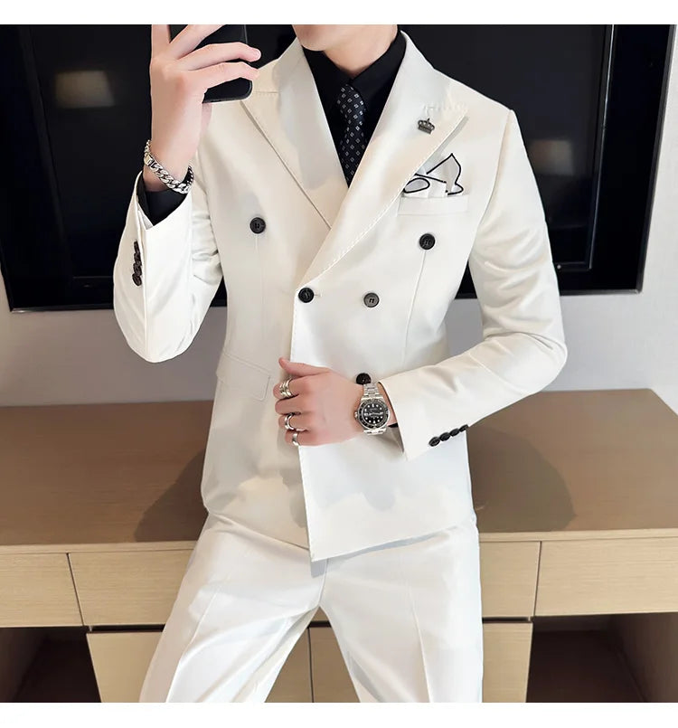 (Jackets+Pant) Latest Design Double Breasted Men Suit Dark green Groom Wedding Stage Tuxedo Man Slim Fit Business Social Suits