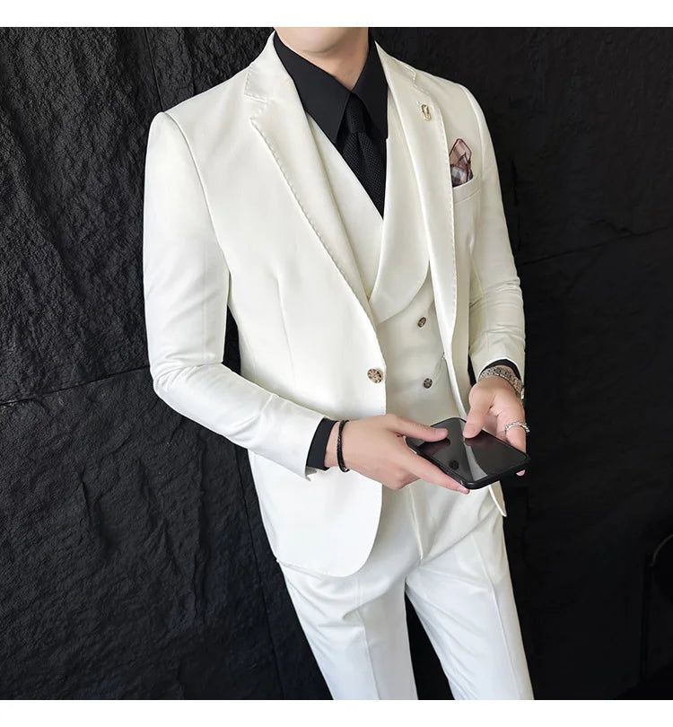 (Jackets+Pants+Vest) High Quality Men Slim Fit Party Tuxedos 3 Pieces Fashion Double Breasted Vest Design Business Wedding Suit