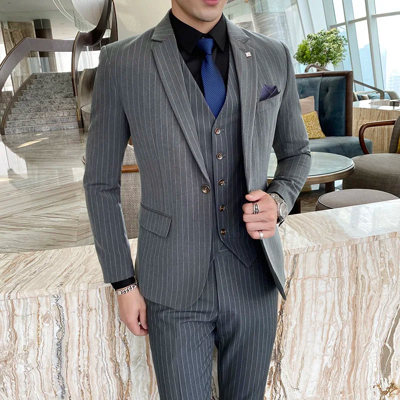 ( Jacket + Vest + Pants ) Prom Groom Tuxedos Latest Designs Male Wedding Suits 3Pcs Set Men's striped casual business suit