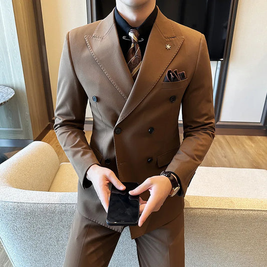 (Jacket + Trousers) Fashion Double Breasted Design Slim Men's Suit Italian Style Luxury Wedding Social Party Tuxedo 2 Piece Sets