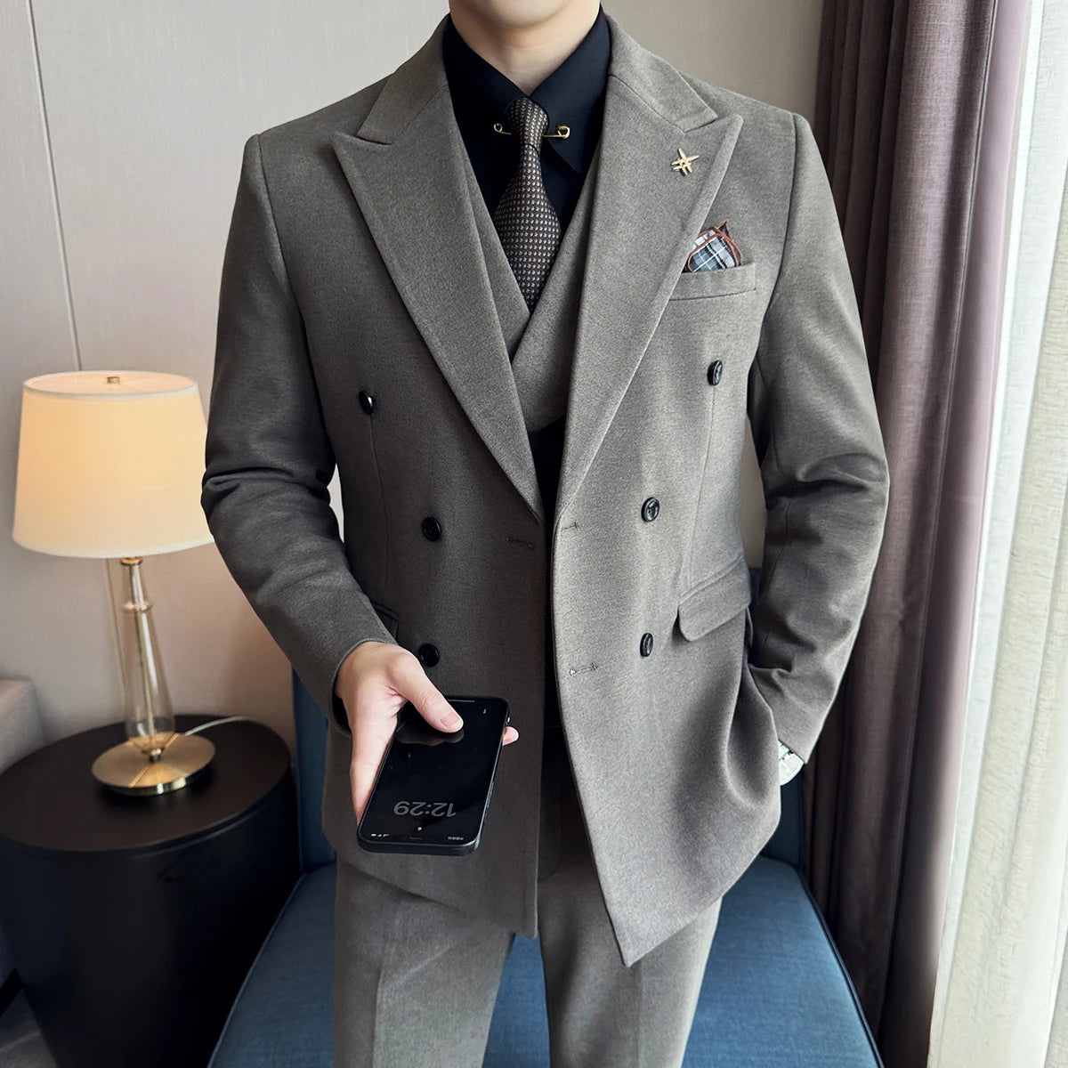 (Jacket+Vest+Pant) Autumn Winter Thickened Woolen Suit  New High Quality Slim Business Tuxedo Fashion Wedding Social Suits