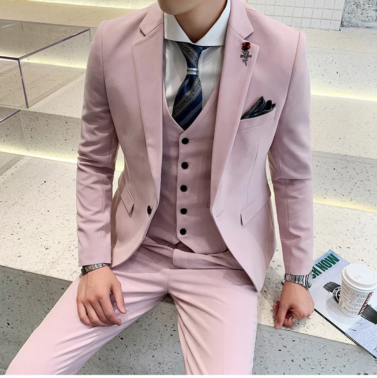 (Jacket +Vest+Pants) 2024 New Mens Wedding Suits Groom Solid Color Formal Office Business Slim Fit Suit Tuxedos 3-Pieces Set