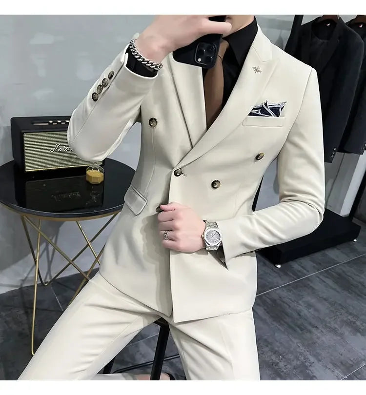 ( Jacket + Pants ) Brand Solid Color Formal Casual Business Office Double Buttons Suit Two-pcs Set Groom Wedding Dress Party