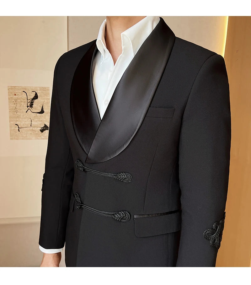 (Jacket+Pants) Vintage Luxury Chinese Style Marriage Suit Fashion High-end Slim Fit Groom Wedding Tuxedo Mens Suit 2 Piece Set