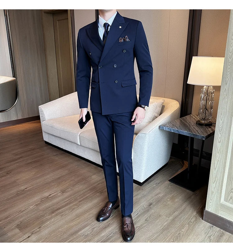 (Jacket + Trousers) Fashion Double Breasted Design Slim Men's Suit Italian Style Luxury Wedding Social Party Tuxedo 2 Piece Sets