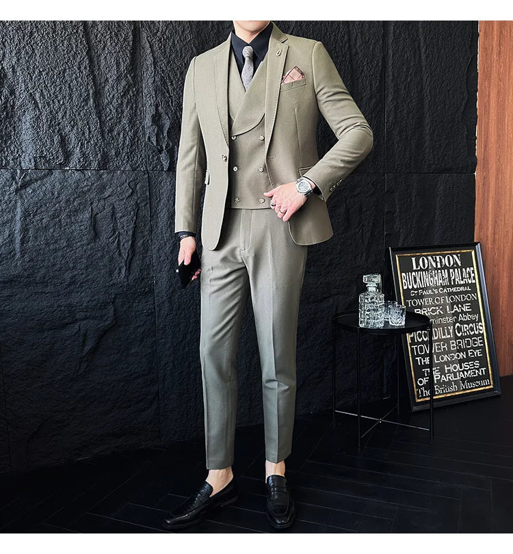 (Jackets+Pants+Vest) High Quality Men Slim Fit Party Tuxedos 3 Pieces Fashion Double Breasted Vest Design Business Wedding Suit