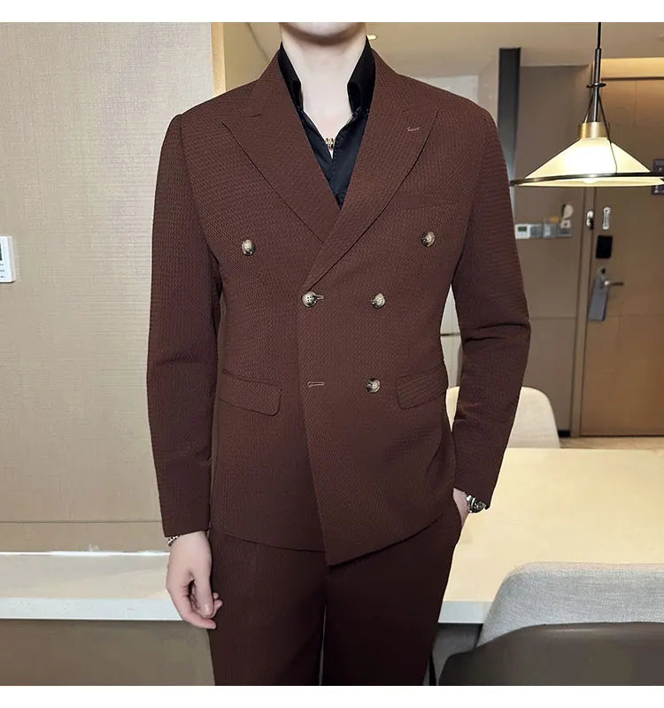 ( Jacket + Pant )Double-breasted Waffle Business Suit Men Wedding Prom Party Blazers and Trouser Homme Slim Fit Tuxedo Dress Set