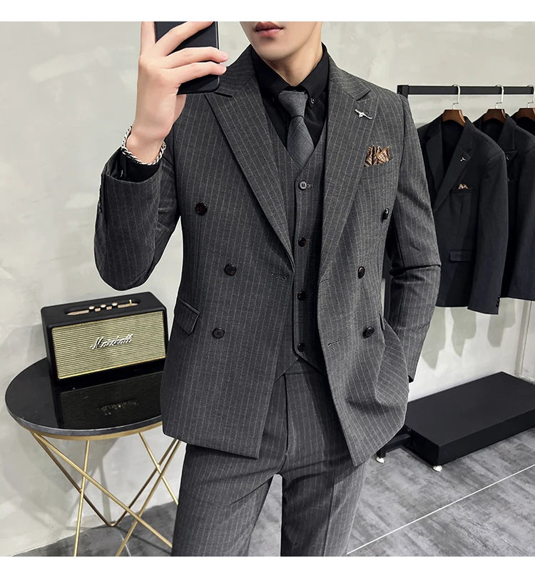 in black Fashion New Men's Boutique Business Slim Wedding Striped Double Breasted Suit Blazers Jacket Pants Trousers Vest 3 Pcs Set