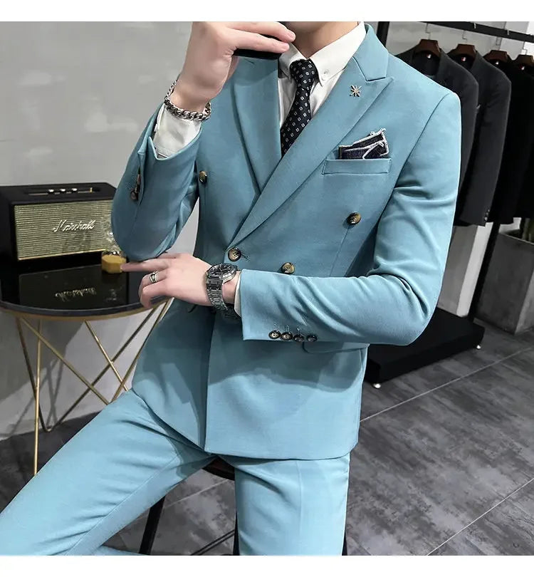 ( Jacket + Pants ) Brand Solid Color Formal Casual Business Office Double Buttons Suit Two-pcs Set Groom Wedding Dress Party