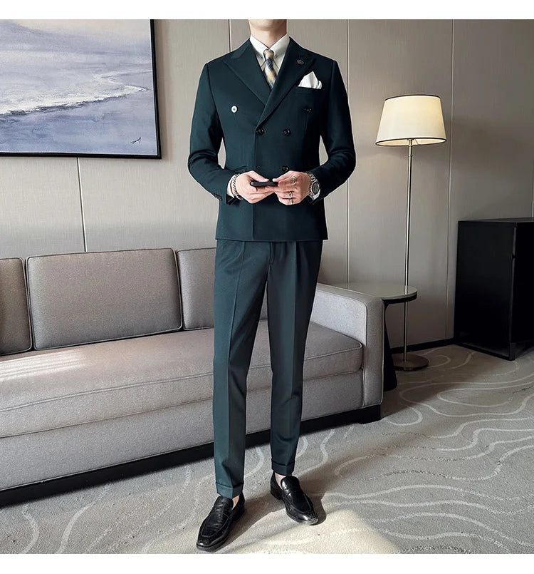 (Jackets+Pant) Latest Design Double Breasted Men Suit Dark green Groom Wedding Stage Tuxedo Man Slim Fit Business Social Suits