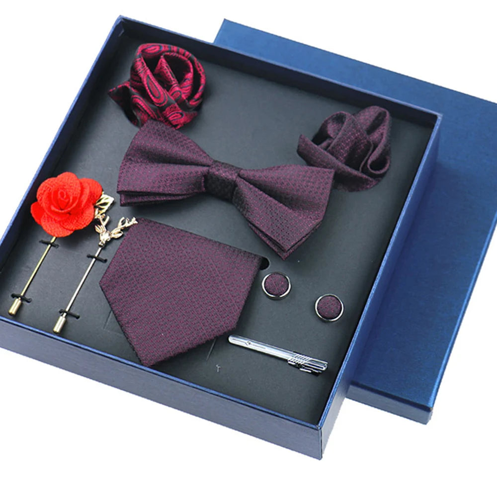 Set Bussiness Blue Ties For Mans Floral Brooches Pin Cufflinks Tie Clips Butterfly Bowtie Wedding Accessori Gift Box Set