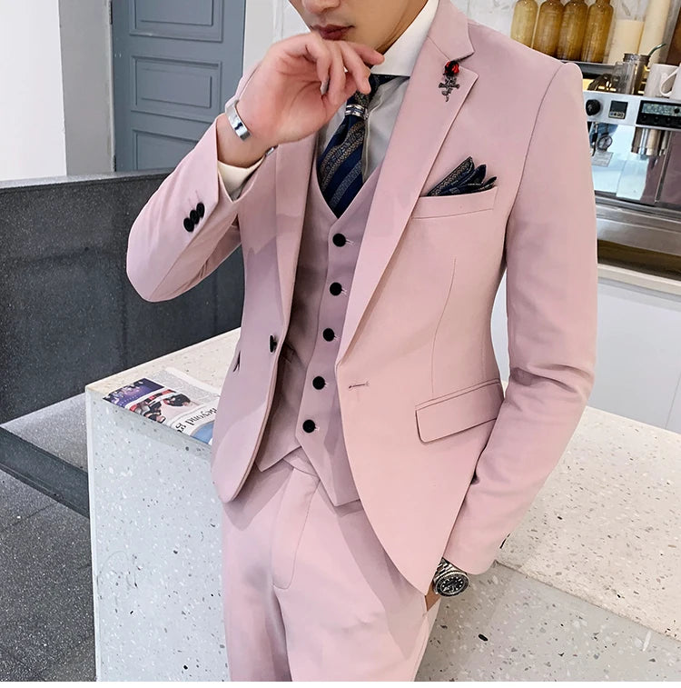 (Jacket +Vest+Pants) 2024 New Mens Wedding Suits Groom Solid Color Formal Office Business Slim Fit Suit Tuxedos 3-Pieces Set