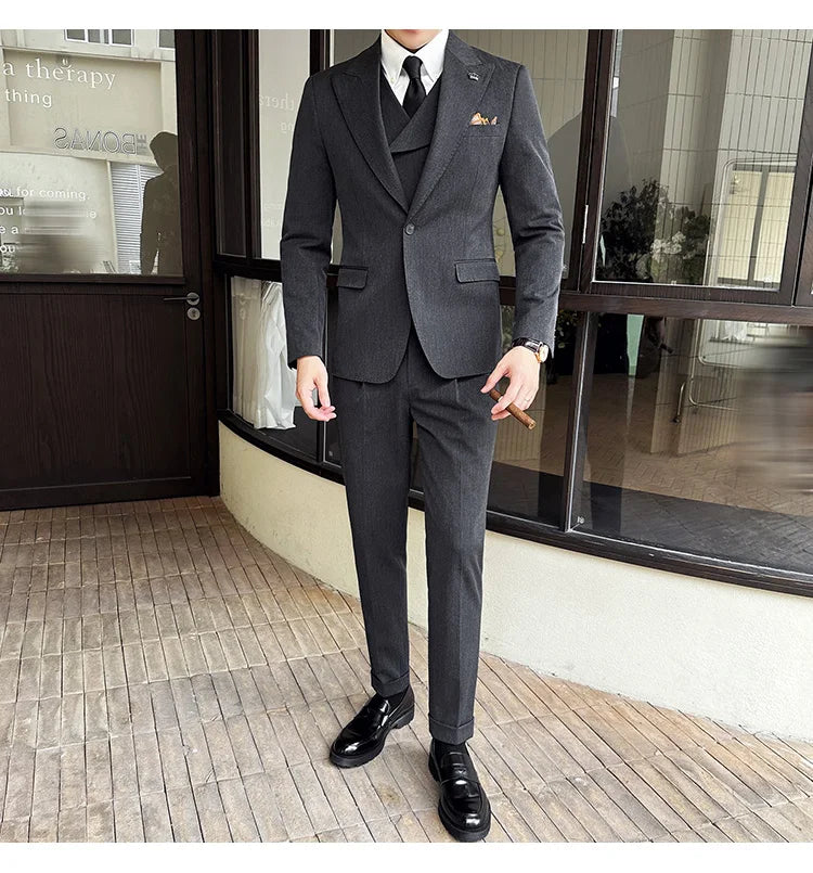 (Jackets+Pants+Vest) High Quality Men Slim Fit Party Tuxedos 3 Pieces Fashion Double Breasted Vest Design Wedding Social Suit