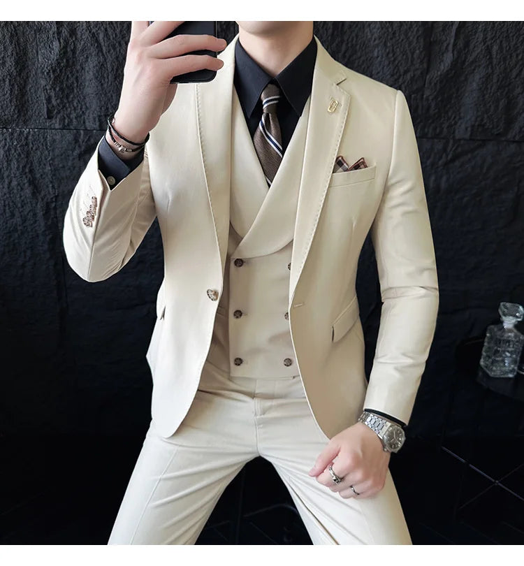 (Jackets+Pants+Vest) High Quality Men Slim Fit Party Tuxedos 3 Pieces Fashion Double Breasted Vest Design Business Wedding Suit