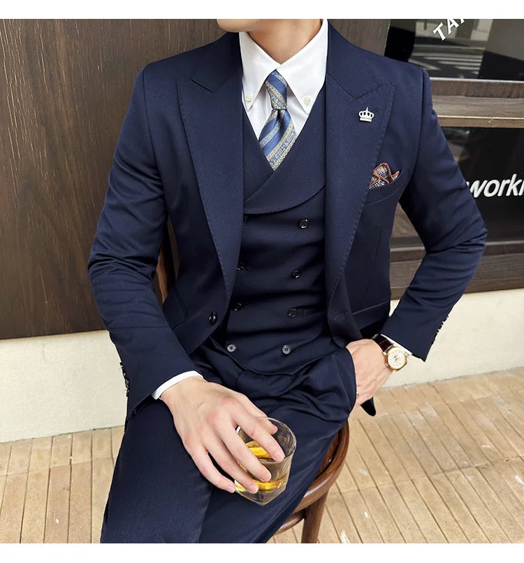 (Jackets+Pants+Vest) High Quality Men Slim Fit Party Tuxedos 3 Pieces Fashion Double Breasted Vest Design Wedding Social Suit