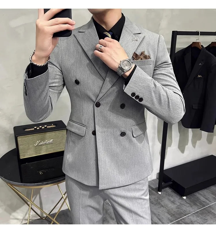 in black Fashion New Men's Boutique Business Slim Wedding Striped Double Breasted Suit Blazers Jacket Pants Trousers Vest 3 Pcs Set