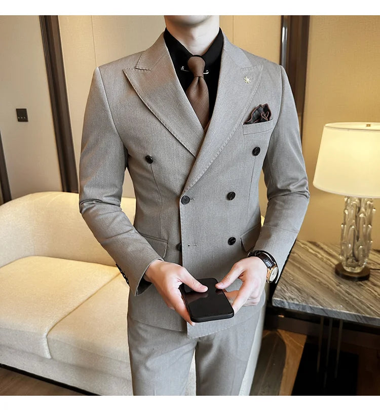 (Jacket + Trousers) Fashion Double Breasted Design Slim Men's Suit Italian Style Luxury Wedding Social Party Tuxedo 2 Piece Sets