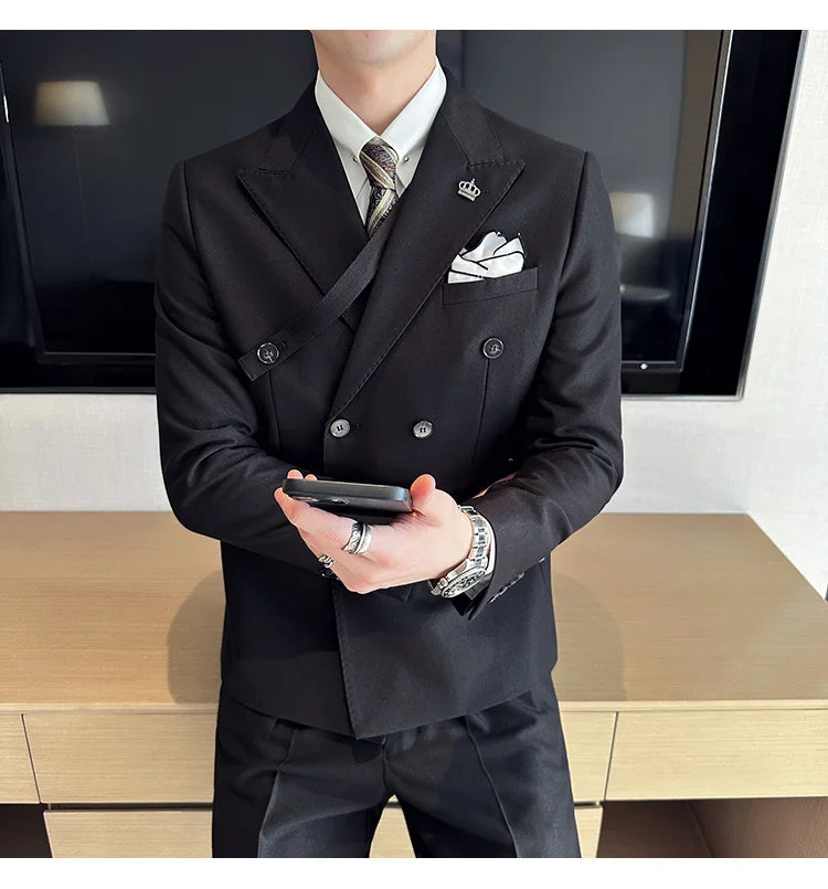 (Jackets+Pant) Latest Design Double Breasted Men Suit Dark green Groom Wedding Stage Tuxedo Man Slim Fit Business Social Suits